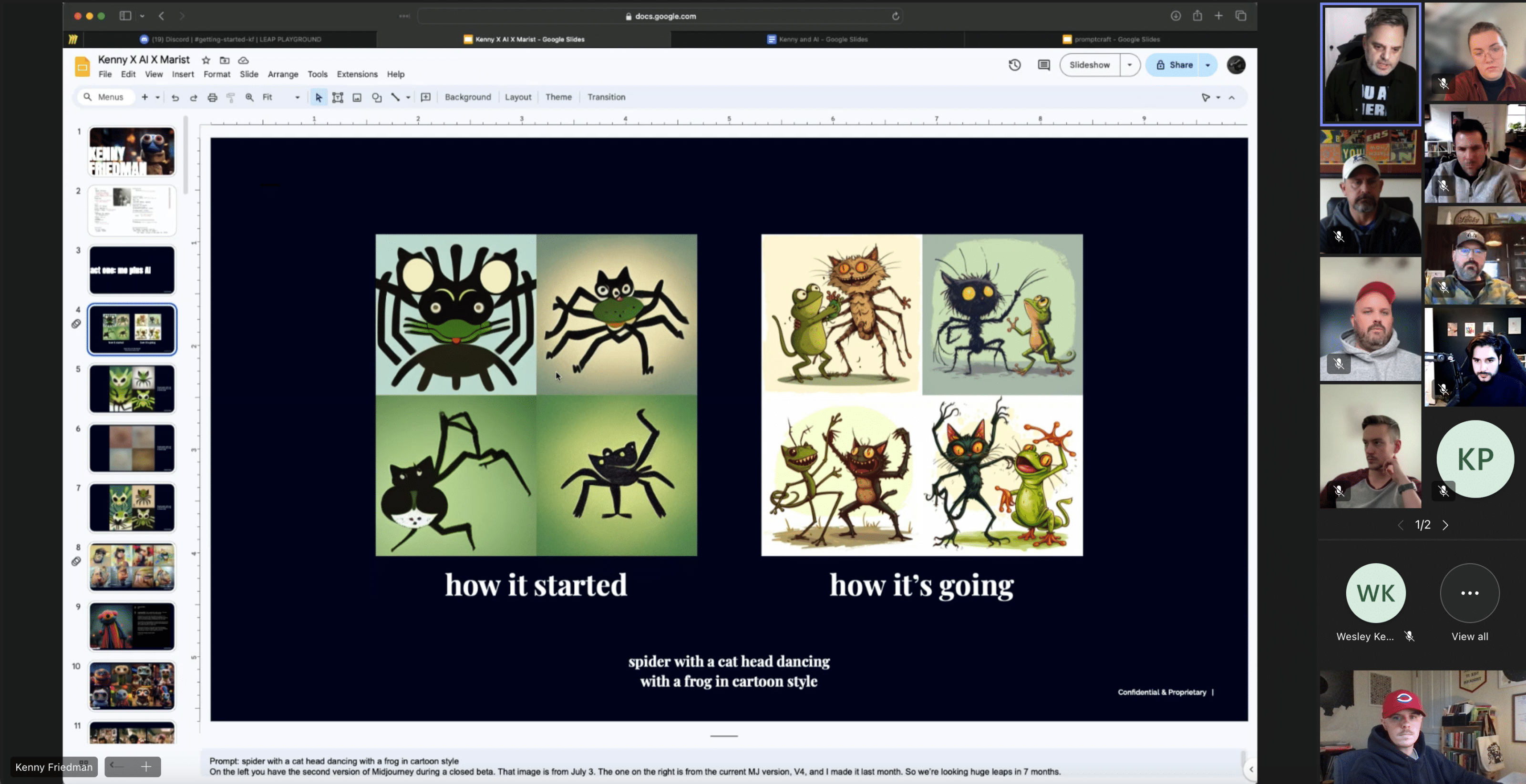 Screenshot of creative leadership meeting with slide "How it started vs how it's going"