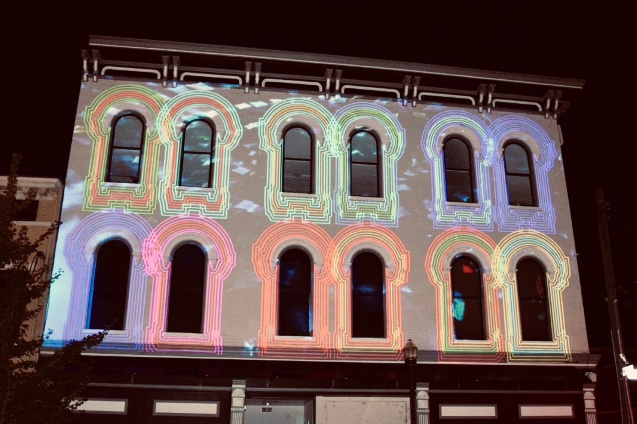 Building with light projections.